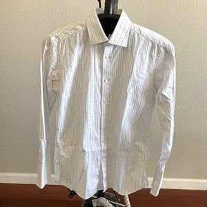 Façonnable Designer 100% Fine Cotton Blue Multi Stripe White Dress Shirt. Cuffed